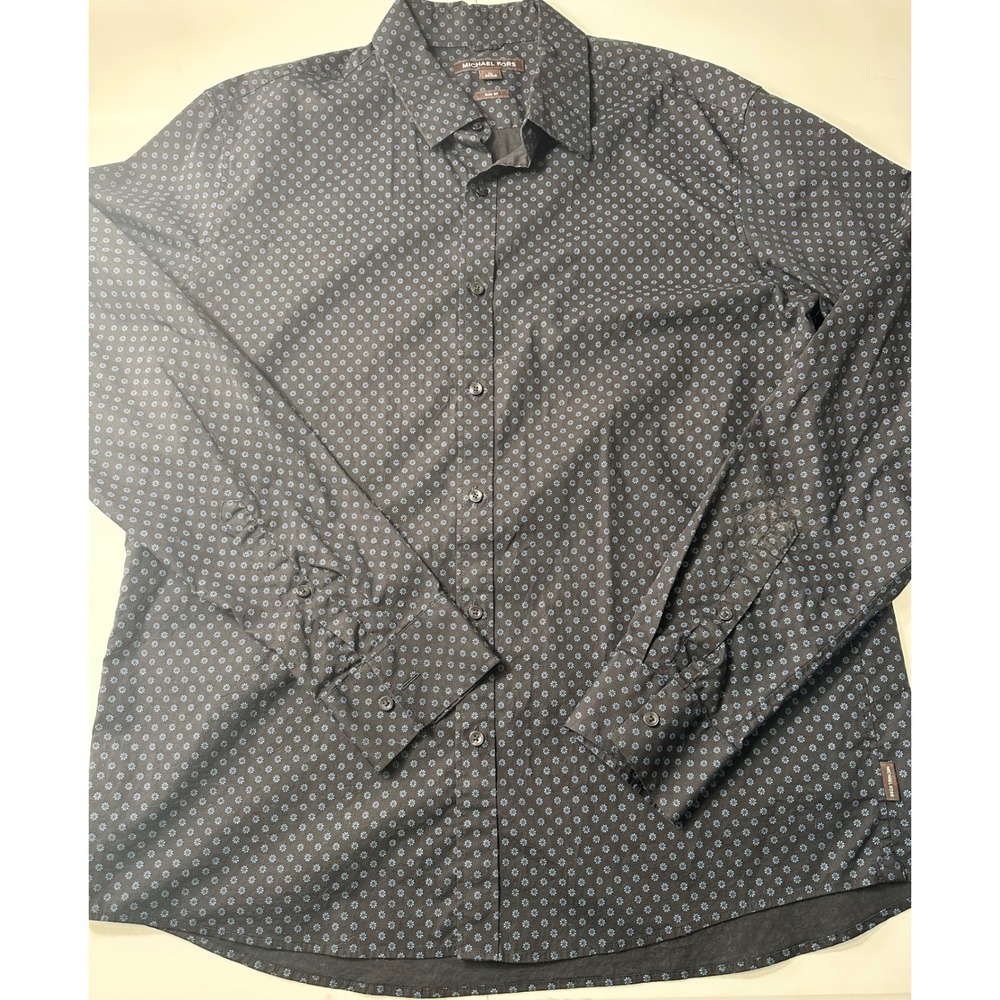 Michael Kors Mens XL Slim Fit Button Down Shirt Black Blue Floral Geometric Top